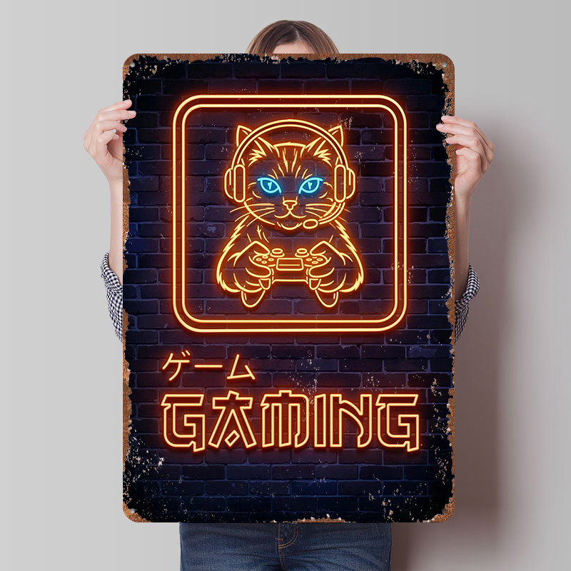 Neon Gaming Cat Printed Poster - Retro Gaming At 评论和价格
